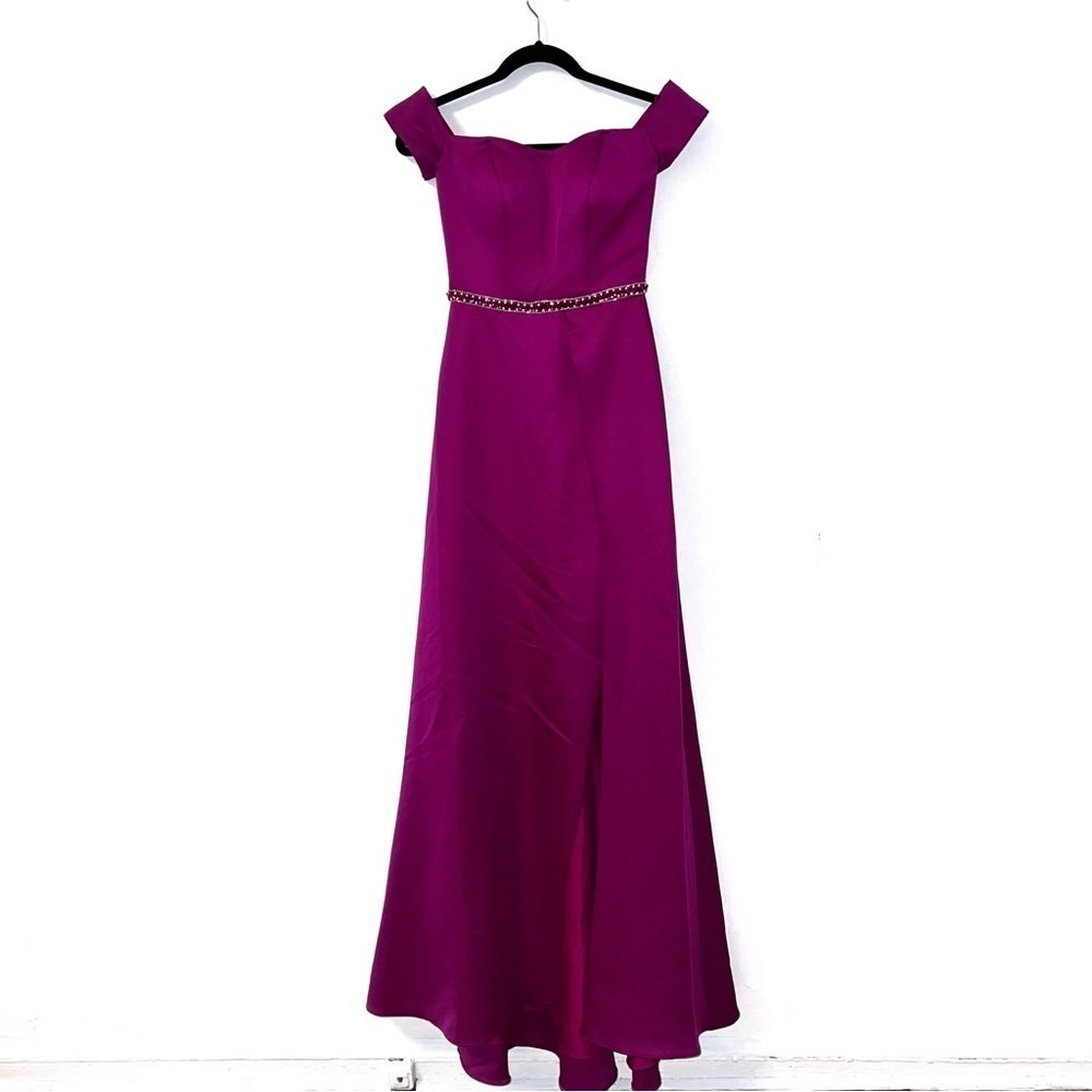 NEW Glamour Terani Couture Pink Fuchsia Off The Shoulder Beaded Gown Dress Prom - Picture 2 of 14